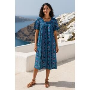 VINTAGE cotton midi caftan style blue & purple summer dress plus size 1X